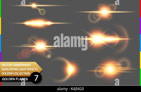 Isolated golden lens flare line. Glow transparent vector light effect set, explosion, sun flash, and star burst. Abstract translucent special element 