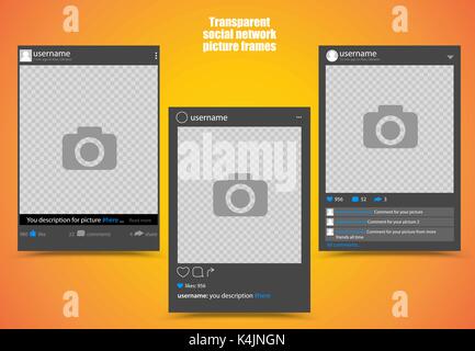 Dark photo frame for social network picture with bright orange yellow background and transparent windows. Isolated vector illustration Stock Vector
