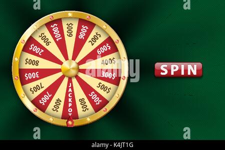 Gold realistic 3d fortune wheel, lucky game spin, luxury roulette on green background. Casino background for money, jackpot, online play, luck, lotter Stock Vector