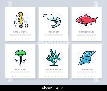 Set of fish and sea food colored elements for multipurpose a4 presentation template. Leaflet, corporate report, marketing, advertising, annual report, book cover design. Stock Vector