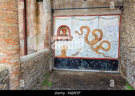 Fresco, Snake god Agathodaimon, Lararium, House of the Cryptoporticus, Pompeii, UNESCO World Heritage Site, Campania, Italy, Europe Stock Photo