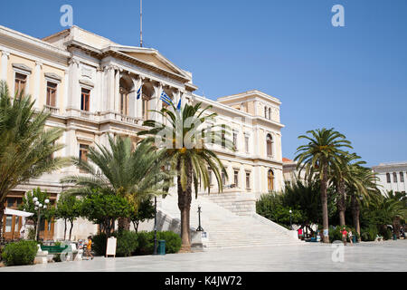 Miaouli square and city hall, Hermoupolis, Syros island, Cyclades, Aegean Sea, Greece, Europe Stock Photo