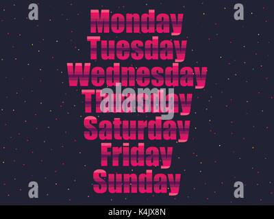 Days of the week in 80's retro style. Text in the futuristic style, neon. Vector illustration. Stock Vector
