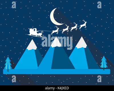 Christmas background. Santa Claus is flying in his sleigh. Mountains in a flat style with a long shadow. Vector illustration. Stock Vector