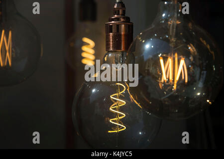 A selection of vintage style filament lightbulbs glowing in a shop window. Credit: Terry Applin Stock Photo