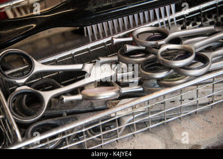 Barbershop equipment, a selection of scissors used by a barber or hairdresser.Credit Terry Applin Stock Photo