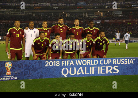 Buenos Aires, Argentina. 5th Sep, 2017.  Team of Venezuela during the match with Argentina for 2018 Fifa World Cup for Conmebol at Monumental Stadium, Buenos Aires, Argentina. (Photo: Néstor J. Credit: Néstor J. Beremblum/Alamy Live News Stock Photo