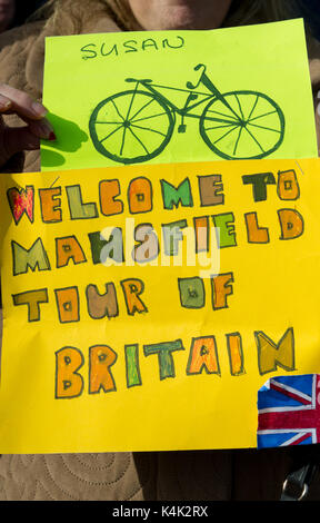 Mansfield, Nottinghamshire, UK. 6th Sep, 2017. The Tour of Britain, “Ovo Energy Tour of Britain” Stage Four, Mansfield to Newark-on-Trent. Welcome to Mansfield poster Alan Beastall/Alamy Live News Stock Photo