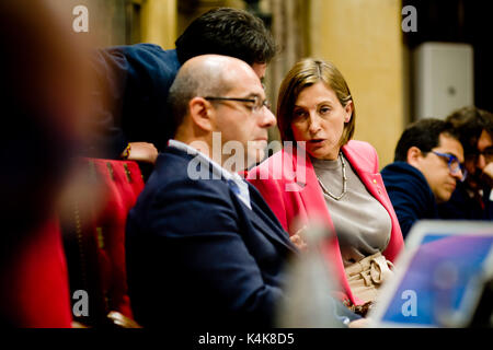 Barcelona, Spain. 06th Sep, 2017. September 6, 2017 - Barcelona, Catalonia, Spain - CARME FORCADELL (R) president of the Parliament of Catalonia during the parliamentary session. The Catalan Parliament has passed a law to call a referendum of independence the next first of October. The unionist forces of Catalonia and the Spanish government are frontally opposed to the referendum and consider it illegal. Credit: Jordi Boixareu/Alamy Live News Stock Photo