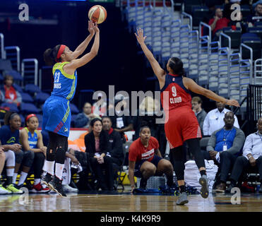 Washington, DC, USA. 6th Sep, 2017. 20170906 - Dallas Wings forward AERIAL POWERS (23) hits a 3-point shot from the corner over Washington Mystics guard NATASHA CLOUD (9) in the first half of a first-round game in the WNBA playoffs at Capital One Arena in Washington. Credit: Chuck Myers/ZUMA Wire/Alamy Live News Stock Photo