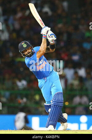 Colombo, Sri Lanka. 6rh Sept, 2017. India's captain Virat Kohli plays a shot during the Twenty20 cricket match against Sri Lanka in R Premadasa International cricket stadium in Colombo, Sri Lanka on Wednesday 6 September 2017 Credit: Pradeep Dambarage/Alamy Live News Stock Photo