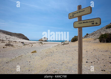 Signposts to Playa de Monsul beach, San Jose, natural preserve Cabo De Gata, Andalusia, Spain Stock Photo