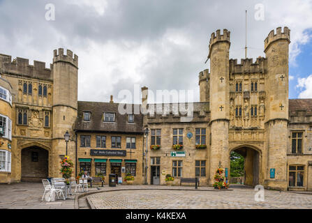 Wells Market Place with Penniless Porch left and Bishop's Eye right, Somerset, England. Stock Photo