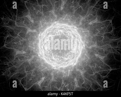 Glowing plasma torus in space, high voltage, black and white texture, computer generated abstract background, 3D rendering