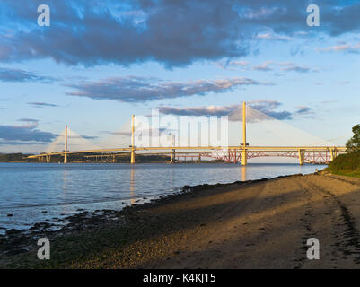 dh Queensferry Crossing FORTH BRIDGE LOTHIAN Three River Forth Queensferry crossing evening light people beach cable stayed road bridges stay