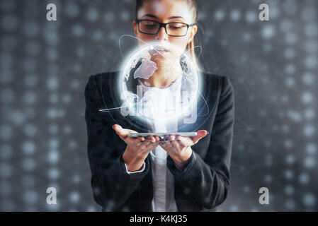 Modern technologies, Internet and network concept - man in business clothes, presses the button Stock Photo