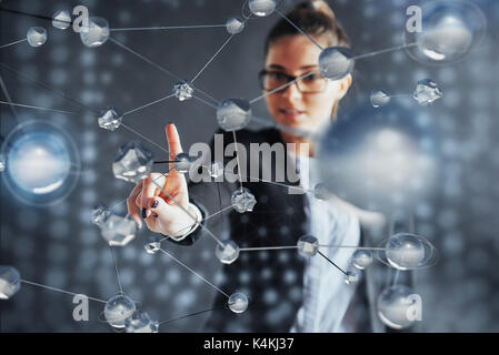 Modern technologies, Internet and network concept - man, presses the button on the virtual screen Stock Photo