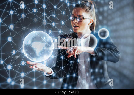 Modern technologies, Internet and network concept - man in business clothes, presses the button Stock Photo