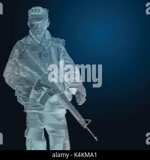 Abstract Soldier holding gun, engrave style on blue background, concept of military or army-Vector Illustration Stock Vector