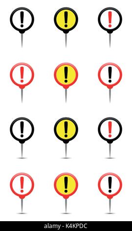 Round pin with exclamation mark, exclamation point marker Stock Vector