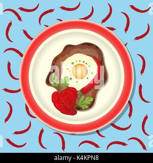 Fried meat with ketchup, chili and parsley on the plate, background with pattern Stock Vector