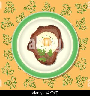 Fried meat with egg and parsley on the plate, background with pattern Stock Vector