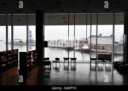View of Aarhus' waterfront from the library inside Dokk1, a new culture and multimedia house in Aarhus, Denmark. Stock Photo