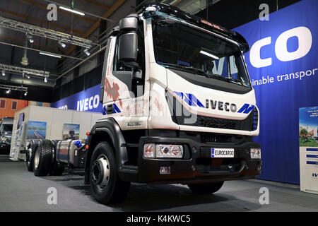 JYVASKYLA, FINLAND - MAY 18, 2017: Iveco Eurocargo 220-330 of JW Helenius on display on Kuljetus 2017, a professional event for transportation and log Stock Photo