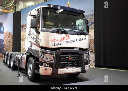 JYVÄSKYLÄ, FINLAND - MAY 18, 2017: White Renault Trucks C for construction presented by Renault Trucks Finland on Kuljetus 2017, a professional event  Stock Photo