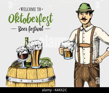 man in traditional Belgian or Bavarian clothes with beer. engraved in ink hand drawn in old sketch and vintage style for web or pub menu. design of oktoberfest on gray background. Stock Vector