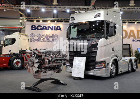 JYVASKYLA, FINLAND - MAY 18, 2017: Scania Finland presents Next Generation Scania R580 truck and Scania Euro 6 engine on Kuljetus 2017, a professional Stock Photo