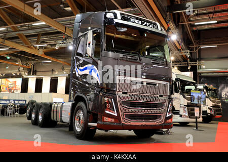 JYVASKYLA, FINLAND - MAY 18, 2017: Volvo FH16 750 heavy duty truck with I-shift on display on Kuljetus 2017, a professional event for transportation a Stock Photo