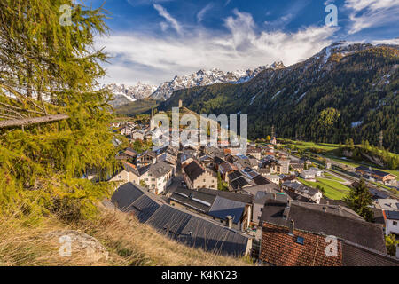 View of Ardez village surrounded by woods and snowy peaks Lower Engadine Canton of Graubünden Switzerland Europe Stock Photo