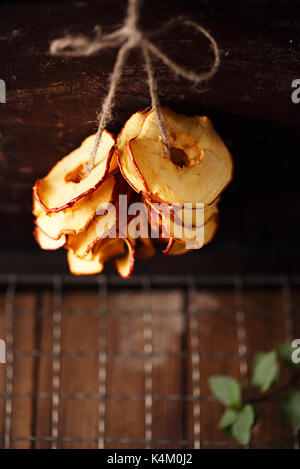 Dried apple slices hanging on string with dark metal backdrop and copy space Stock Photo