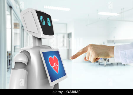 Robotic advisor service technology in healthcare smart hospital , artificial intelligence concept. Doctor finger point to 3d rendering robot. Stock Photo