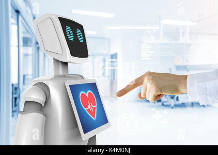 Robotic advisor service technology in healthcare smart hospital , artificial intelligence concept. Doctor finger point to 3d rendering robot and graph Stock Photo
