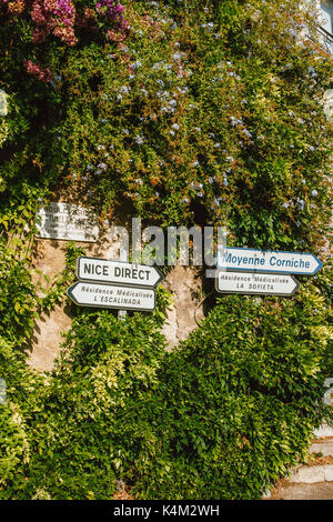 Vintage signs in Cote d'Azur, France with foliage Stock Photo