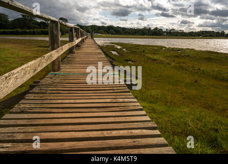 A Wooden footbridge over mudflats at high tide at Aberlady Bay local nature reserve, East Lothian coast, Scotland, UK Stock Photo