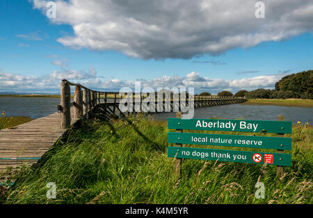 Wooden footbridge over mudflats at high tide at Aberlady Bay local nature reserve, East Lothian, Scotland, UK, with nature reserve sign saying no dogs Stock Photo