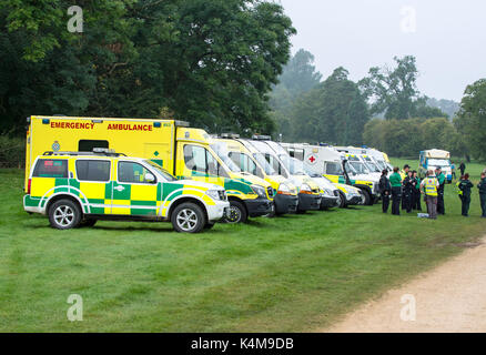 Emergency vehicles and paramedics waiting for Burghley Horse trials to begin Stock Photo