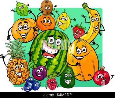 Cartoon Illustration of Cute Fruit Characters Group Stock Vector