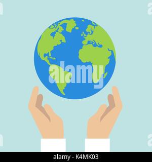 Flat design colored vector illustration of globe in hands. Isolated on bright blue background Stock Vector