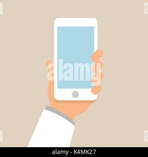 Hand holding mobile phone with turquoise background. Flat design style Stock Vector
