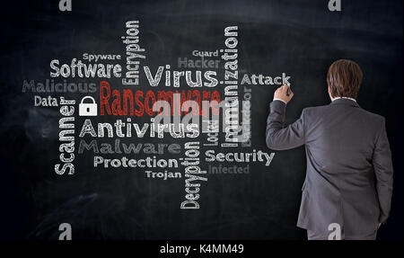 Businessman writes Ransomware Cloud on blackboard concept. Stock Photo