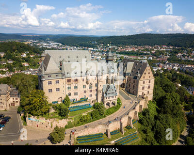 Marburg, Germany - Sep 3, 2017: Aerial view over the historic Landgrafenschloss in Marburg, Hesse, Germany Stock Photo