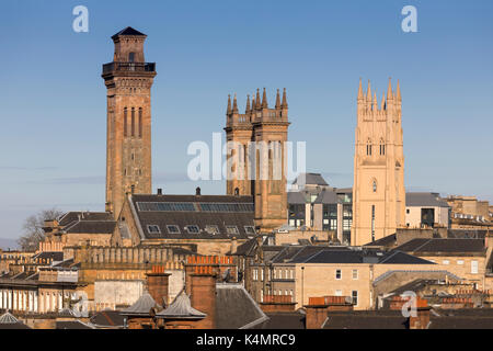 City skyline view of the towers of Trinity College and Park Church in the West End of Glasgow, Scotland, United Kingdom, Europe Stock Photo