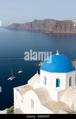 Blue domed church and caldera from Firostefani, Santorini, Greece Stock ...