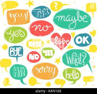 Hand lettered words in colorful, sketchy text balloons Stock Vector