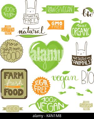 Collection of environmental badges, labels and icons, all handdrawn with hand lettered text Stock Vector