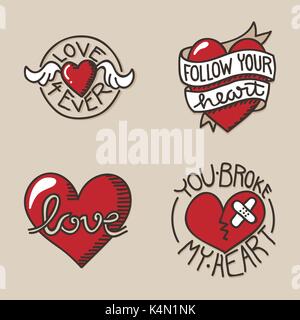 Set of love related icons, with hand lettering and handdrawn heart Stock Vector